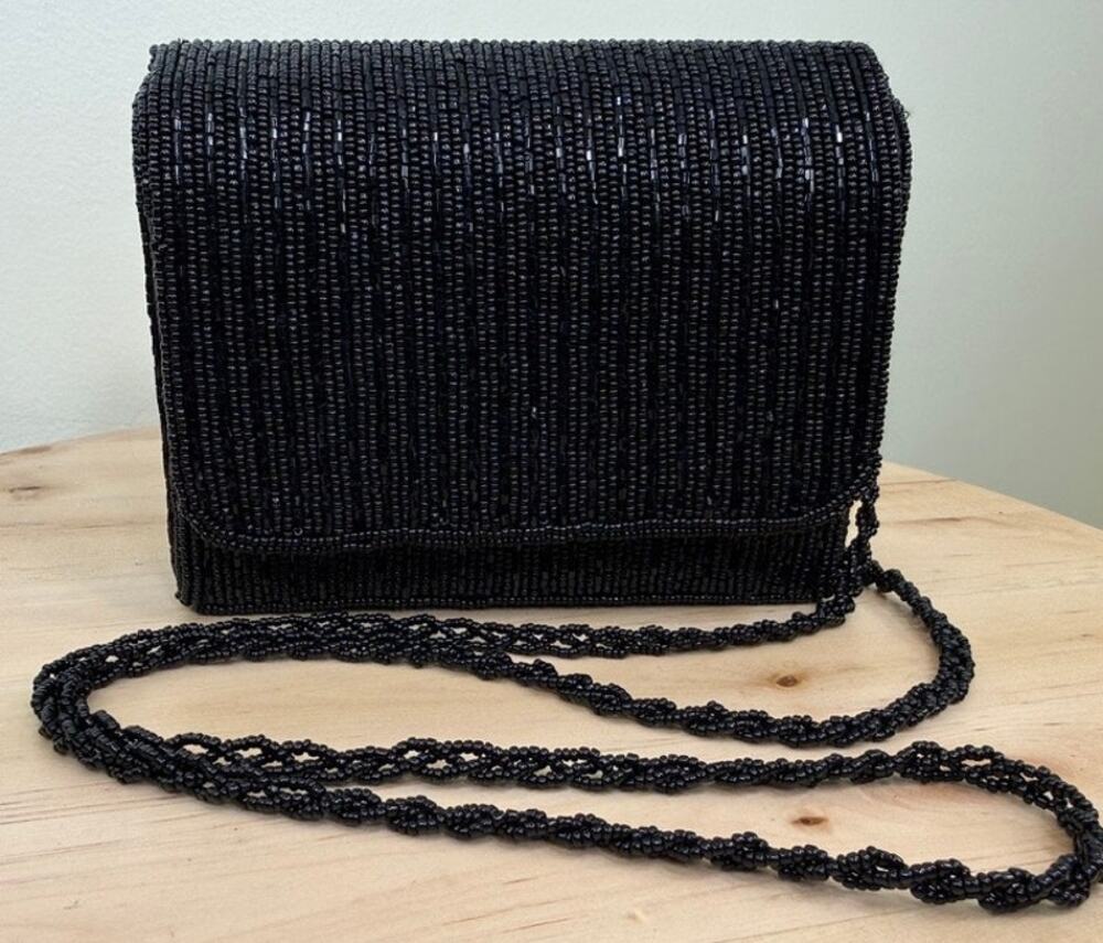 Vintage Mes Ami Black Beaded Evening Bag Clutch Crossbody 1980s 1990s